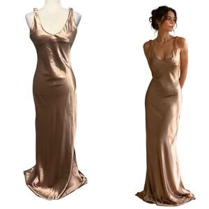 Womens 6 Maxi Slip Dress Brown Satin V-Neck Sleeveless Romantic Bias Cut Earthy